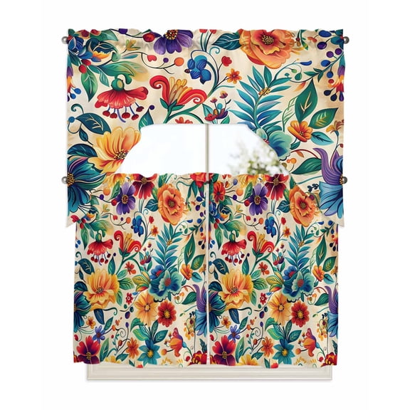 Vintage Botanical Kitchen Curtains Swag Valance and Tier Curtains Set 36 Inch Length, Spring Floral Summer Vintage Rod Pocket Drape Panels Pair Swag Curtains for Bathroom/Cafe/Window