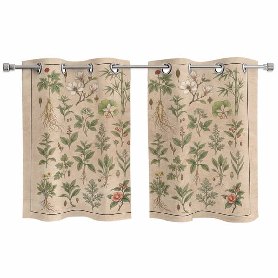 Vintage Botanical Kitchen Curtains Window Panels, Country Herbs Leaves Plants Flowers Brown Insulated Window Treatment Curtain, Grommet Curtains for Bedroom/Living Room/Bathroom, 2 Piece 27.5"Wx39"L