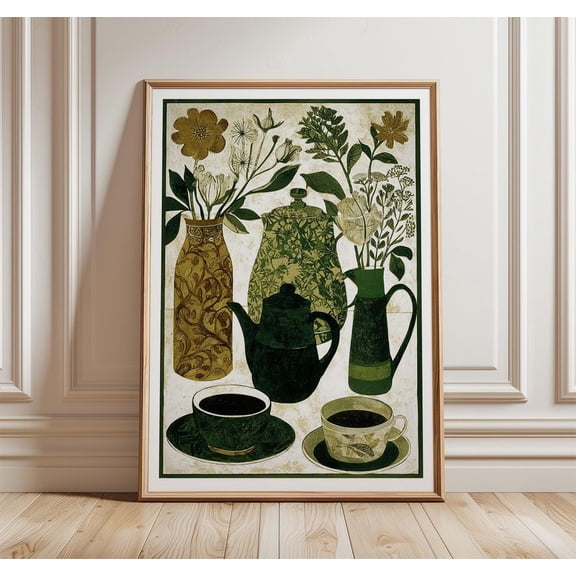 Vintage Botanical Kitchen Green Ceramic Still Life Wall Art Classic Unframed Paper Print