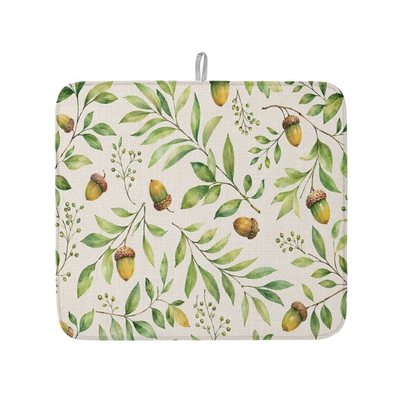 Vintage Botanical Leaves on Linen Dish Drying Mats for Kitchen Counter,Absorbent Microfiber Dish Drainer Rack Mat Rustic Acorn Foliage Drying Pad for Sinks,Utensils,Countertops,16x18in
