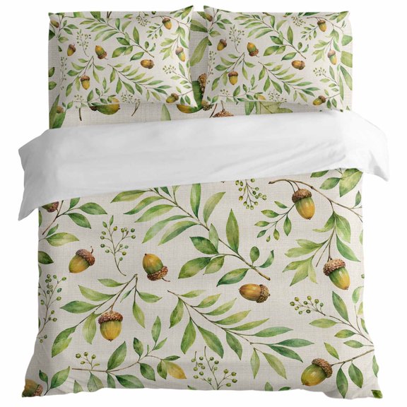 Vintage Botanical Leaves on Linen King Size Bed Set,Rustic Acorn Foliage Bedding for All Seasons,4 Pcs Bed Set with 1 Quiltcover (104"x90"),1 Sheet (108"x98"),2 Pillowcases (20"x36")