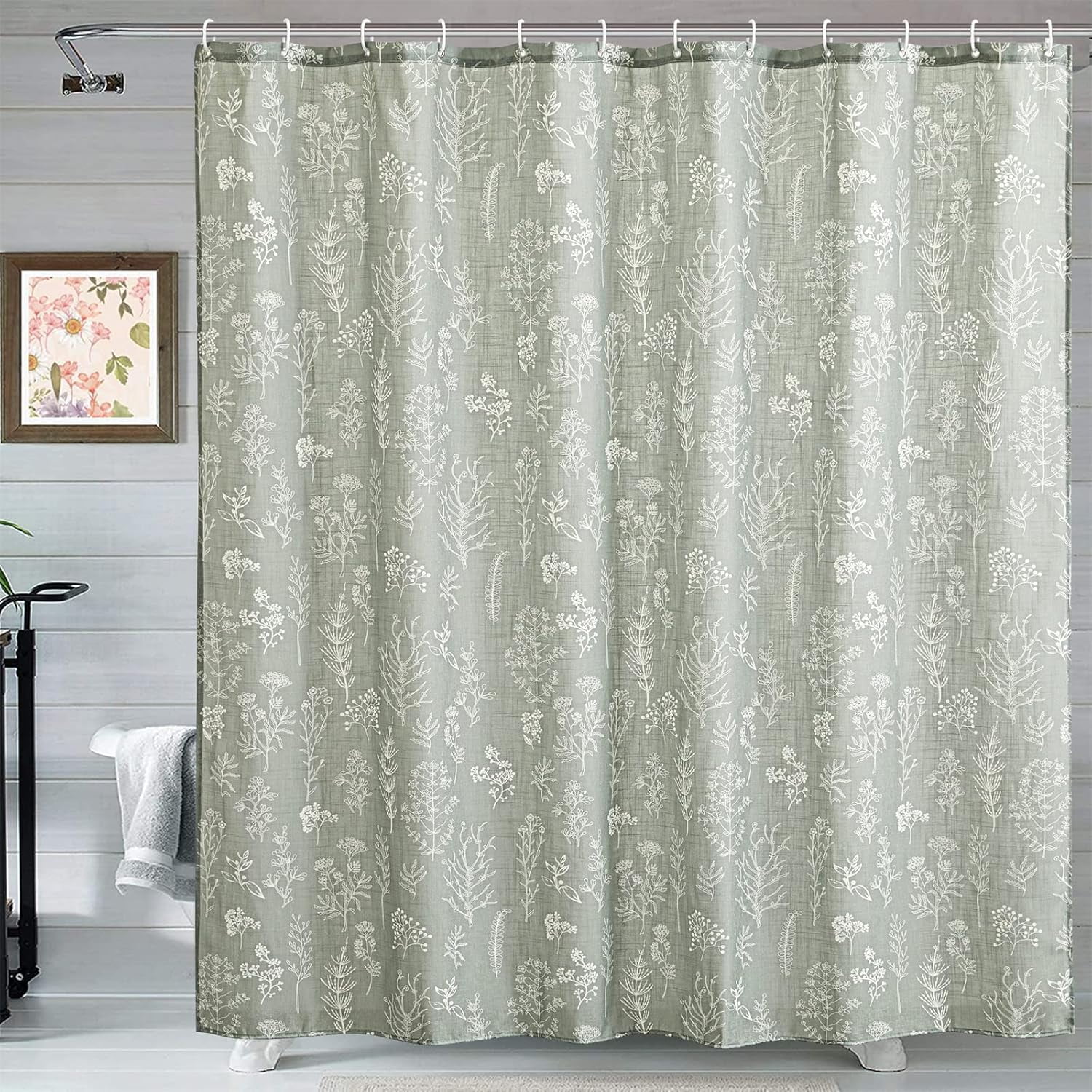 Vintage Botanical Linen Shower Curtain for Bathroom in Black and White, Heavy Duty 180GSM Textured Fabric Shower Curtain Set Cute Plant Leaves Design, Modern Farmhosue Boho Floral Bathroom Decor