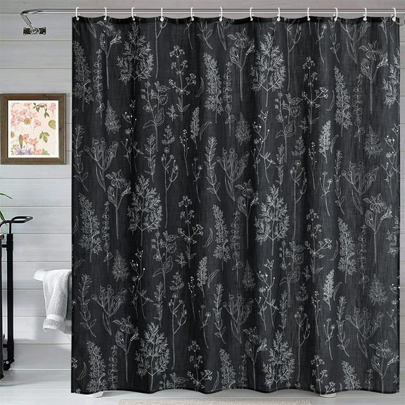 Vintage Botanical Linen Shower Curtain for Bathroom in Black and White, Heavy Duty 180GSM Textured Fabric Shower Curtain Set Cute Plant Leaves Design, Modern Farmhosue Boho Floral Bathroom Decor