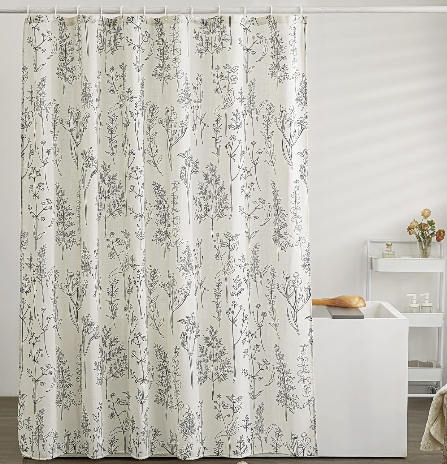 Vintage Botanical Linen Shower Curtain for Bathroom in Black and White, Heavy Duty 180GSM Textured Fabric Shower Curtain Set Cute Plant Leaves Design, Modern Farmhosue Boho Floral Bathroom Decor