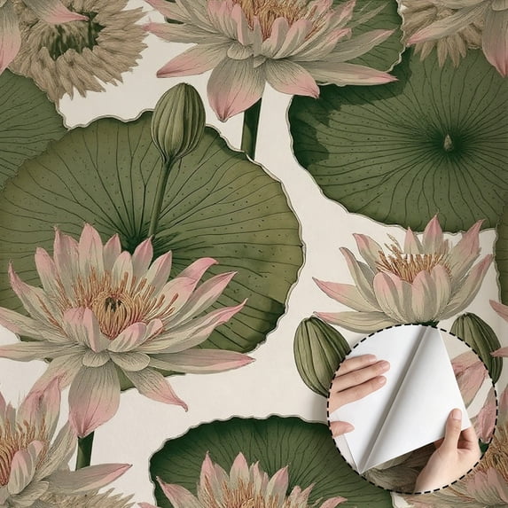Vintage Botanical Lotus Flower Wallpaper, Boho Farmhouse Style Wall Decoration, Self adhesive and removable, waterproof, for Living Room, Bedroom, Bathroom, Kitchen Cabinet, Shelf 17.7 * 118 in