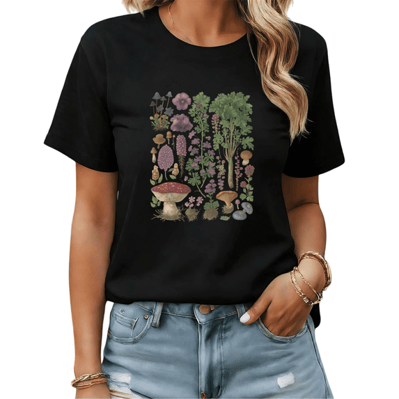 Vintage Botanical Mushroom Graphic Tees Womans T-shirt Black/White S-5XL Shirts Nature Floral Tops