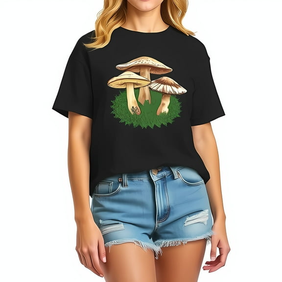 Vintage Botanical Mushroom T-Shirt - Oversized Black Tee with Nature Graphic Perfect for Casual Wear