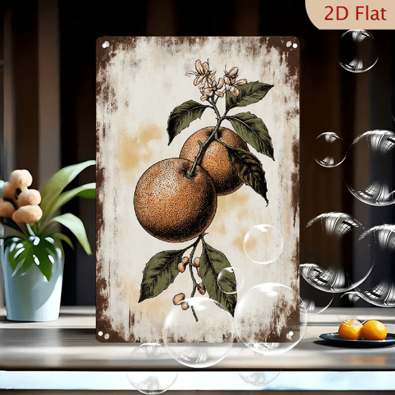 Vintage Botanical Oranges on Branch Art Print, 8x12 Inches Metal Wall Decor, Engraved Citrus Illustration with Blossoms, Rustic Distressed Background, Antique Style Farmhouse Home Office Wall Art