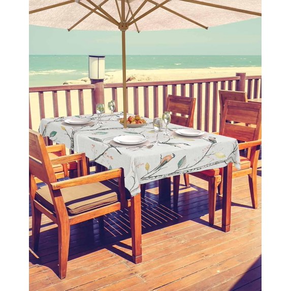 Vintage Botanical Outdoor Tablecloth - 52x70 Inch Rectangle Dining Table Cover, Birds Branch Watercolor Leaf Waterproof Outdoor Table Cloth with Umbrella Hole & Zipper for Picnic/Patio