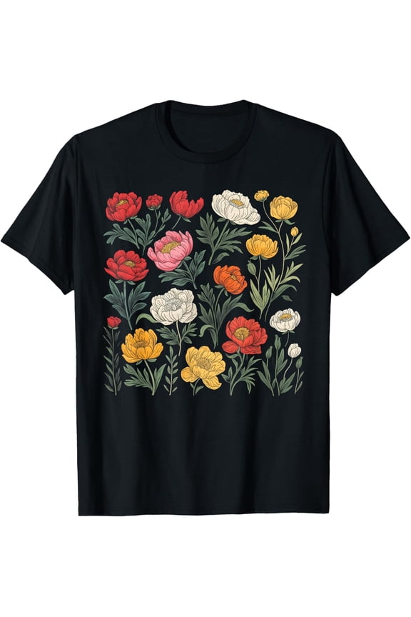 Vintage Botanical Peony Flower Girl Cute Floral Plant Mom T-Shirt men and women can wear, black, white, gifts