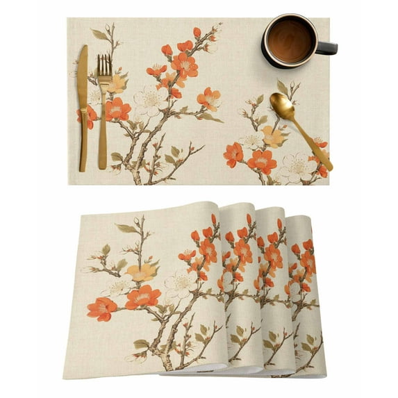 Vintage Botanical Placemats Set of 4, Red Spring Floral Botanical Farmhouse Placemats for Dining Table, Place Mats for Kitchen Tabletop, Waterproof Wipeable Dining Table Mats Set