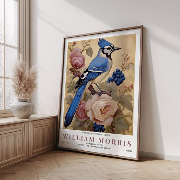 Vintage Botanical Poster Blue Jay Botanical Poster Vintage Bird And Floral Wall Art , Poster Print Only