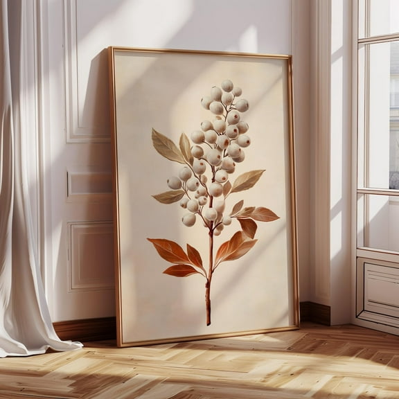 Vintage Botanical Print With Autumn Tones, White Berry Plant Wall Art, Rustic Minimal Nature Illustration For Kitchen Or Gallery Decor Wall Art, Modern Wall Decor, 8x12 UNFRAMED