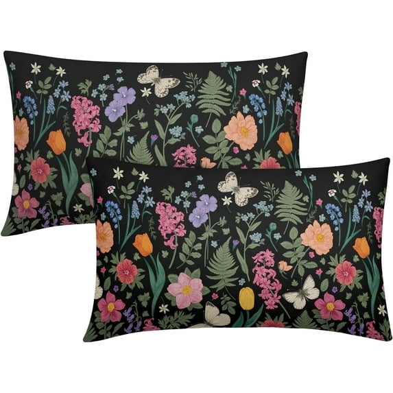 Vintage Botanical Print Lumbar Pillow Covers 12x20 Set of 2 Spring Summer Floral Butterfly Plant Black Rectangle Decorative Throw Pillow Cases Outdoor Farmhouse Decor for Sofa Couch Bed