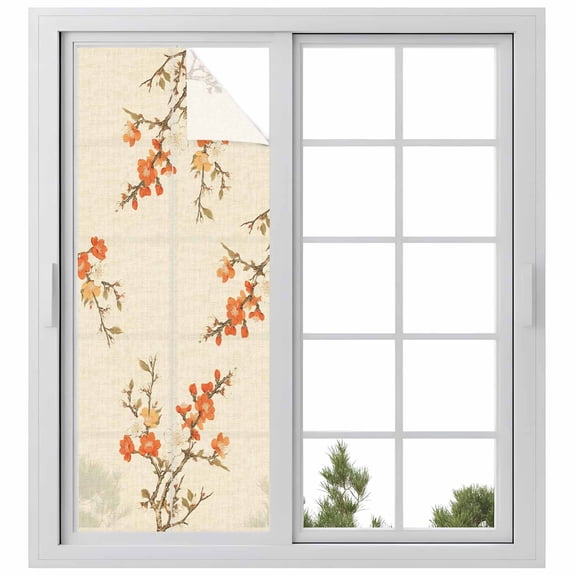 Vintage Botanical Privacy Window Film, Decorative Frosted Glass Window Film, Red Spring Floral Botanical Farmhouse Reusable Peel and Stick Static Cling for Home Bathroom Office Glass Door 23.6"x59"