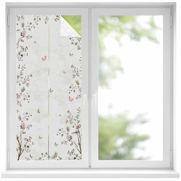 Vintage Botanical Privacy Window Film, Decorative Frosted Glass Window Film, Spring Floral Botterfly Summer Flower Reusable Peel and Stick Static Cling for Home Bathroom Office Glass Door 17.7"x39.3"
