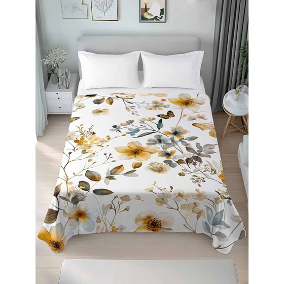 Vintage Botanical Queen Size Flat Sheet, Wrinkleproof & Fadeproof Cooling Flat Bed Sheet Only, Yellow Spring Floral Butterfly Breathable Soft Bedding Top Sheets 90 x 102 Inches