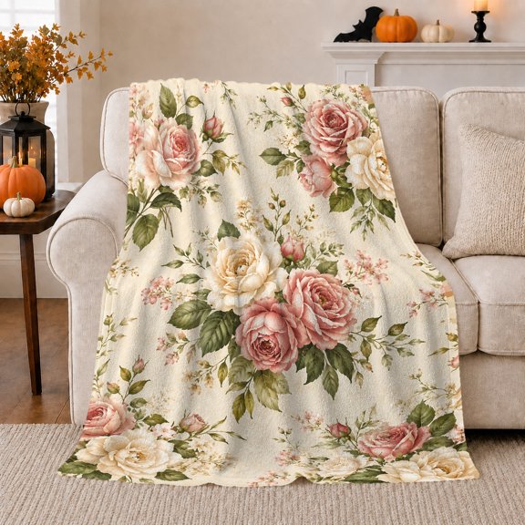 Vintage Botanical Rose Floral, Cozy Botanical Garden Scene, Warm Flannel Blanket for Sunroom and Reading Nook, Garden Lovers Thanksgiving Gift, Botanical Home Decor