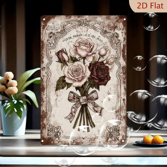Vintage Botanical Roses Bouquet Wall Art, 8x12 Inches Metal Tin Sign with Ornate Scroll Border, Sepia Toned Floral Print for Home Decor
