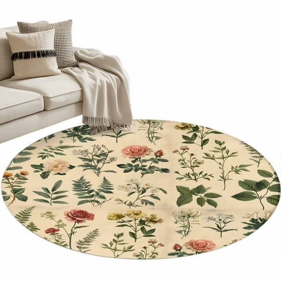 Vintage Botanical Round Area Rug 3 FT, Small Kitchen Bathroom Mat, Boho Plants Wildflower Mushroom Leaf Washable Indoor Outdoor Throw Runner Carpet Doormat for Table Shower Sofa Entryway
