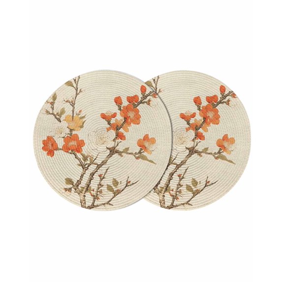 Vintage Botanical Round Placemats Set of 2 for Dinning Tables,Heat-proof Braided Table Mats 15 Inch,Red Spring Floral Botanical Farmhouse Washable Place Mat for Kitchen Restaurant Party Table Decor