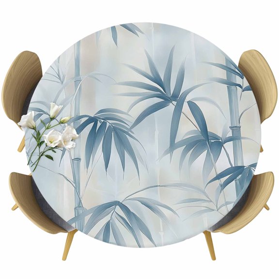 Vintage Botanical Round Tablecloth 36-44 Inch Round Fitted Table Cloth with Elastic Edge, Blue Watercolor Leaves Branch Waterproof Table Cover Protector for Outdoor Picnic Party Dining