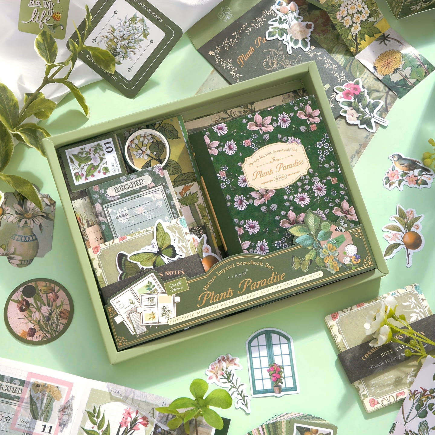 Vintage Botanical Scrapbook Kit 154PCS, Green Aesthetic Journaling Supplies Set with Stickers Decorative Paper Washi Tape for Junk Journal Collage Planner DIY Craft Gift
