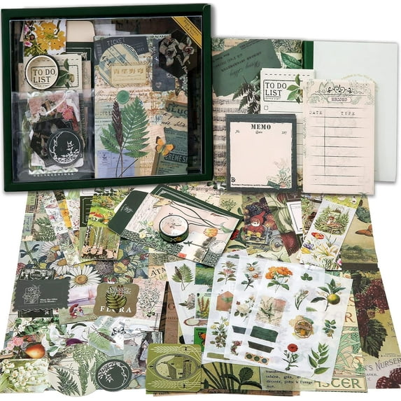 Vintage Botanical Scrapbook Kit: DIY Journal Supplies for Bullet Journals, A6 Grid Notebooks, Perfect Craft Gift for Girls & Women