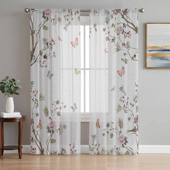 Vintage Botanical Semi Sheer Window Curtains 108 Inches Long, Spring Floral Botterfly Summer Flower Rod Pocket Voile Silky Chiffon Curtain Light Filtering Drapes for Living Room, 52"x108", 2 Panels