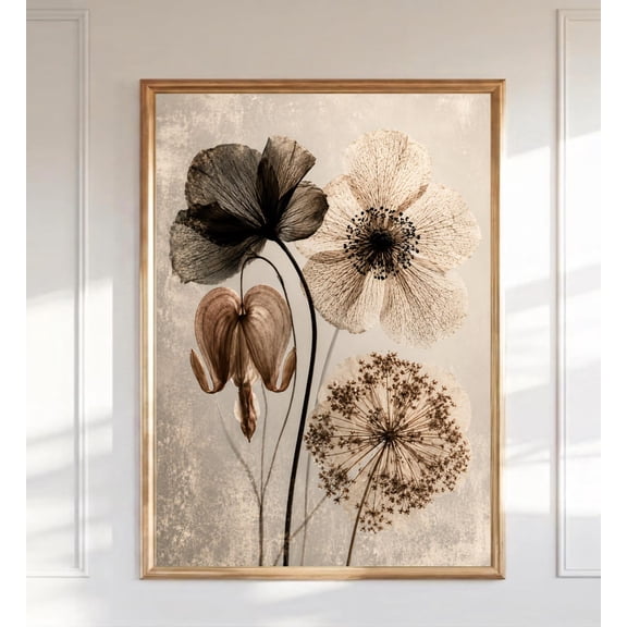 Vintage Botanical Sepia Pressed Flower Wall Art Neutral Floral Decor Home Room Interior