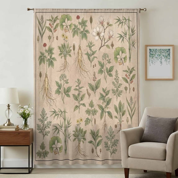 Vintage Botanical Sheer Curtains 45 Inches Long, Country Herbs Leaves Plants Flowers Brown Light Filering Curtains, Breathable Simi Curtain Privacy Drapes for Kitchen Bathroom Small Window Treatment