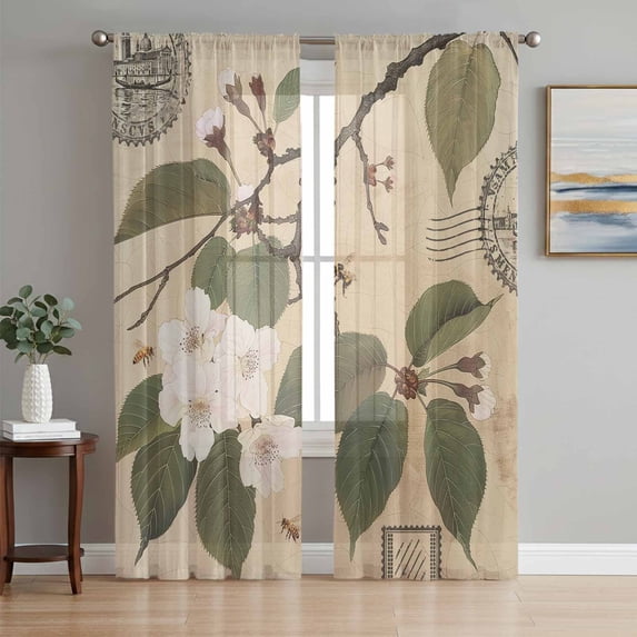 Vintage Botanical Sheer Curtains 96 Inch Length 2 Panels Set, Farmhouse Floral Spring Voile Window Treatment Semi Sheer Long Curtains Drapes for Bedroom/Living Room/Kitchen 52"x96"x2
