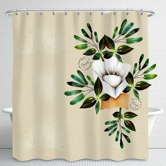 Vintage Botanical Shower Curtain - Cream with White Flower & Green Leaves