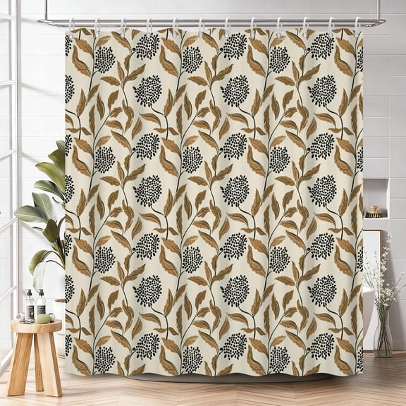 Vintage Botanical Shower Curtain with Hooks, Boho Brown Leaf and Black Floral Cluster Print Waterproof Fabric Bath Curtain for Farmhouse French Country Bathroom Decor, 72x72 Inches