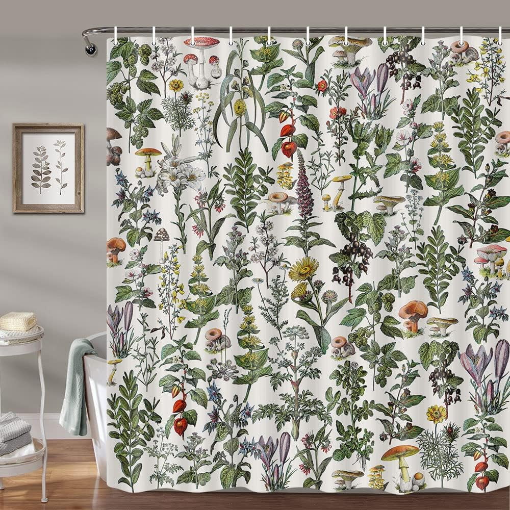 Vintage Botanical Shower Curtain Plants Herbs Mushroom Sage Green Leaf Ferns Bath Curtain Boho ...