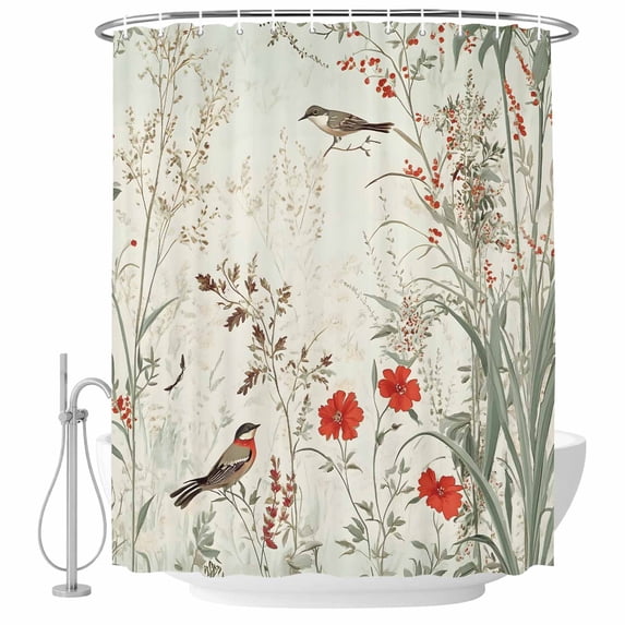 Vintage Botanical Shower Curtain Set - Small 36" x 72" Washable Bathtub Curtain with 12 Hooks, Summer Birds Pastoral Spring Floral Waterproof Fabric Stall Shower Curtains for Bathroom/Bathtub Décor