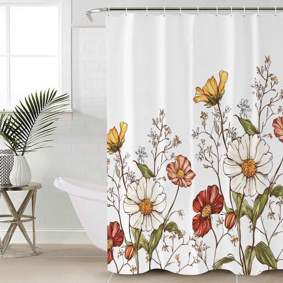 Vintage Botanical Small Stall Shower Curtain, Waterproof Shower Curtains for Bathroom, Pastoral Summer Spring Floral Washable Fabric Cloth Bath Curtain for Bathtub Decoration with Hooks 36x72 Inches