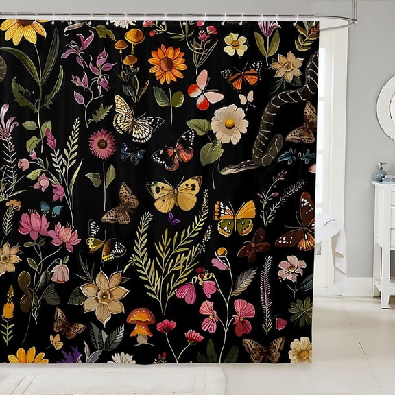 Vintage Botanical Snake Butterfly Mushroom Boho Floral Shower Curtain, Waterproof, Gothic Dark, for Bathroom