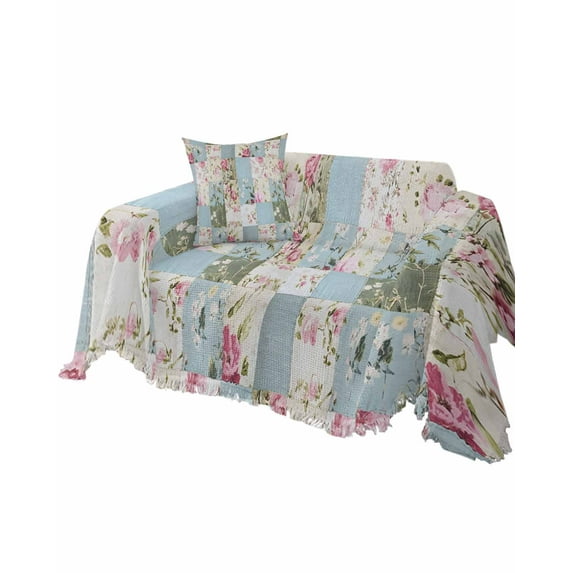 Vintage Botanical Sofa Couch Covers for Dogs, Washable Sectional Couch Slipcovers for Loveseat with Tassels, Blue Green Pink Floral Retro Non Slip Sofa Throw Cover Blanket L 71''x102''