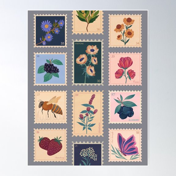 "Vintage Botanical Stamp" Poster Wall Art, Modern Wall Decor For Living Room Bedroom, 12x18 UNFRAMED