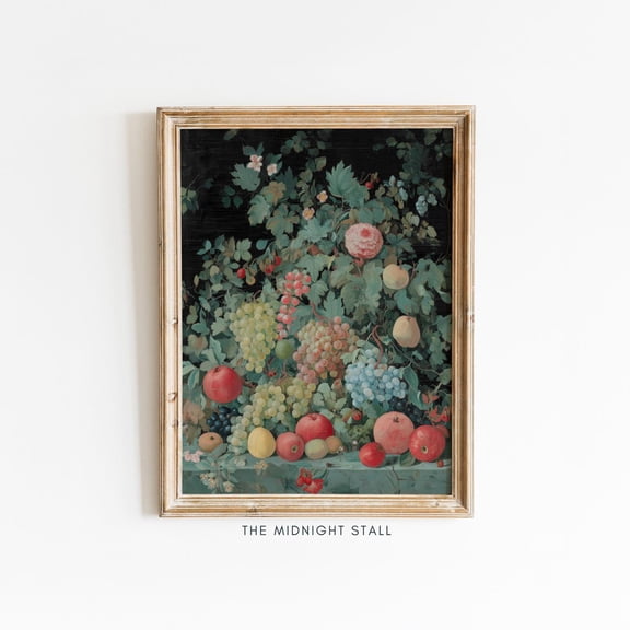 Vintage Botanical Still Life with Fruit and Flowers, Classical Wall Art Print, Romantic Old Master Style Home Decor, FR32, Stretched Canvas 8x10in