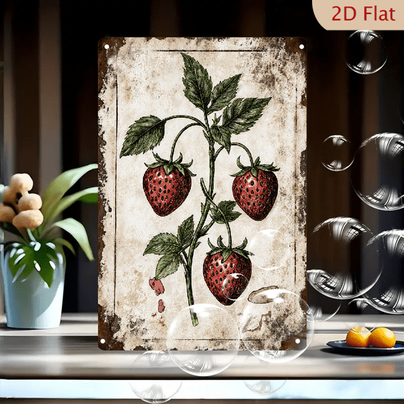 Vintage Botanical Strawberries on Green Stem, 8x12 inch Rustic Metal Wall Art Print with Aged Paper Texture and ZR Monogram for Kitchen Farmhouse Decor