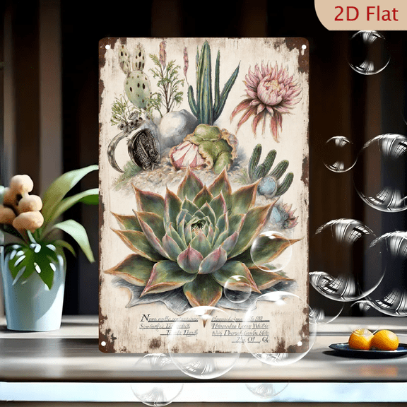 Vintage Botanical Succulent & Cactus Wall Art, 8x12 Inch Metal Tin Sign, Rustic Aged Off-White Background with Greenery, Pineapple Lemon Whiskey Decor for Kitchen or Home
