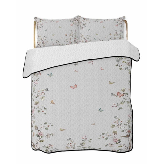 Vintage Botanical Summer Quilt Set Queen Size,Soft Quilted Bedding Set with 2 Pillow Shams,Spring Floral Botterfly Summer Flower Lightweight All Season Bedspread Coverlet for Bedroom 90"x96"