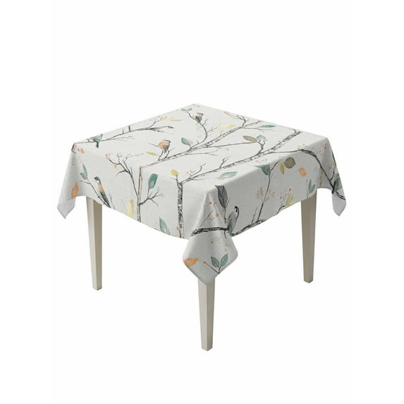 Vintage Botanical Table Cloth, Birds Branch Watercolor Leaf Waterproof Tablecloth for Square Tables, Reusable Washable Fabric Table Cover for Restaurant Kitchen Dining Tables 54"x54"