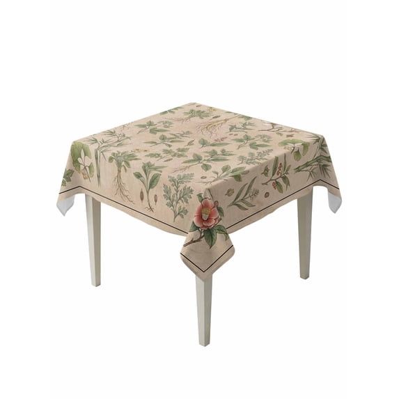 Vintage Botanical Table Cloth, Waterproof Tablecloth for Square Tables, Country Herbs Leaves Plants Flowers Brown Reusable Washable Fabric Table Cover for Restaurant Kitchen Dining Tables 54"x54"