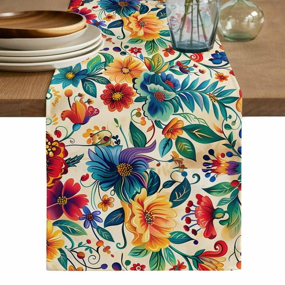 Vintage Botanical Table Runner, Spring Floral Summer Vintage Washable Cotton Linen Table Runners 48 Inches Long, Dresser Scarf Runner for Nightstand/Coffee/End Tables 13''x48''