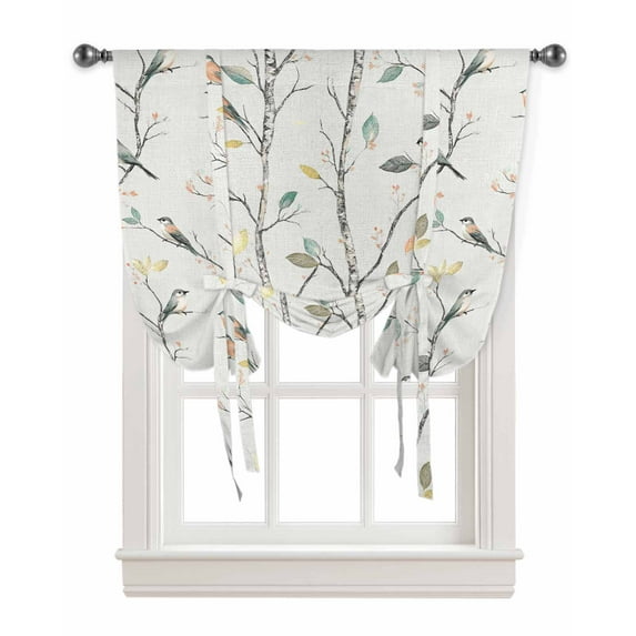 Vintage Botanical Tie Up Curtains for Window, Birds Branch Watercolor Leaf Thermal Insulted Balloon Shade Adjustable Rod Pocket Curtains Valance Panels for Kitchen Bathroom Café 42 x 45