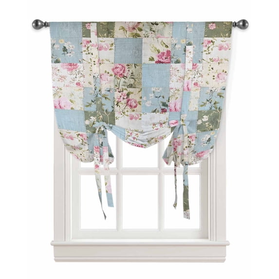 Vintage Botanical Tie Up Curtains for Window, Blue Green Pink Floral Retro Thermal Insulted Balloon Shade Adjustable Rod Pocket Curtains Valance Panels for Kitchen Bathroom Café 52 x 63