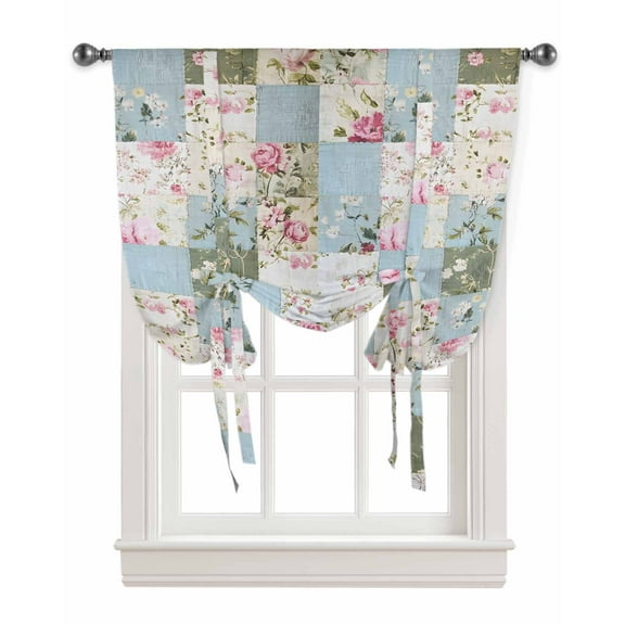 Vintage Botanical Tie Up Curtains for Window, Blue Green Pink Floral Retro Thermal Insulted Balloon Shade Adjustable Rod Pocket Curtains Valance Panels for Kitchen Bathroom Café 42 x 54